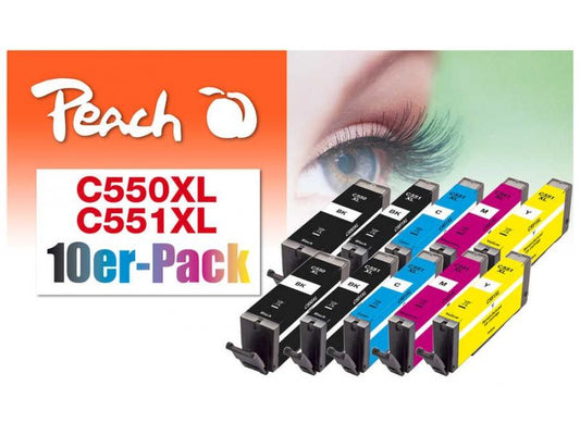 Peach Kits d'encre Canon 550XL/551XL, Multi-10-Pack BK/PBK/C/M/Y