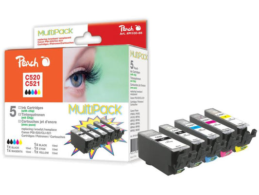 Peach Kits d'encre Canon PGI-520XL / CLI-521XL C, M, Y, 2x BK