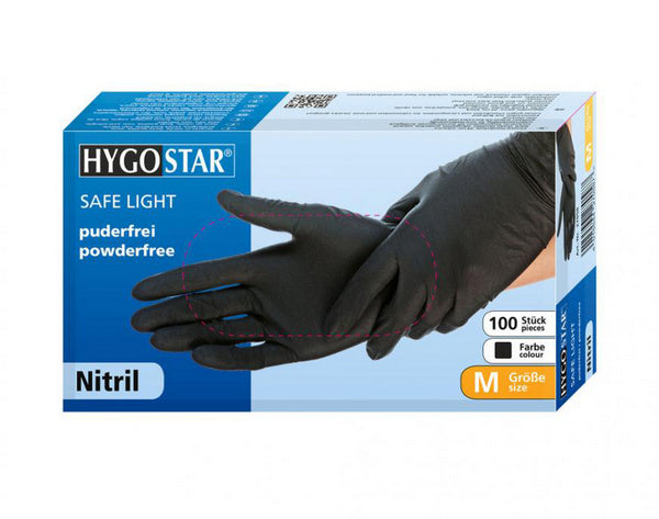 23887/1 HYGOSTAR SAFE LIGHT Einweg-Nitrilhandschuhe, puderfrei, unsteril, Größe S, 100 Stück, Schwarz, puderfrei 